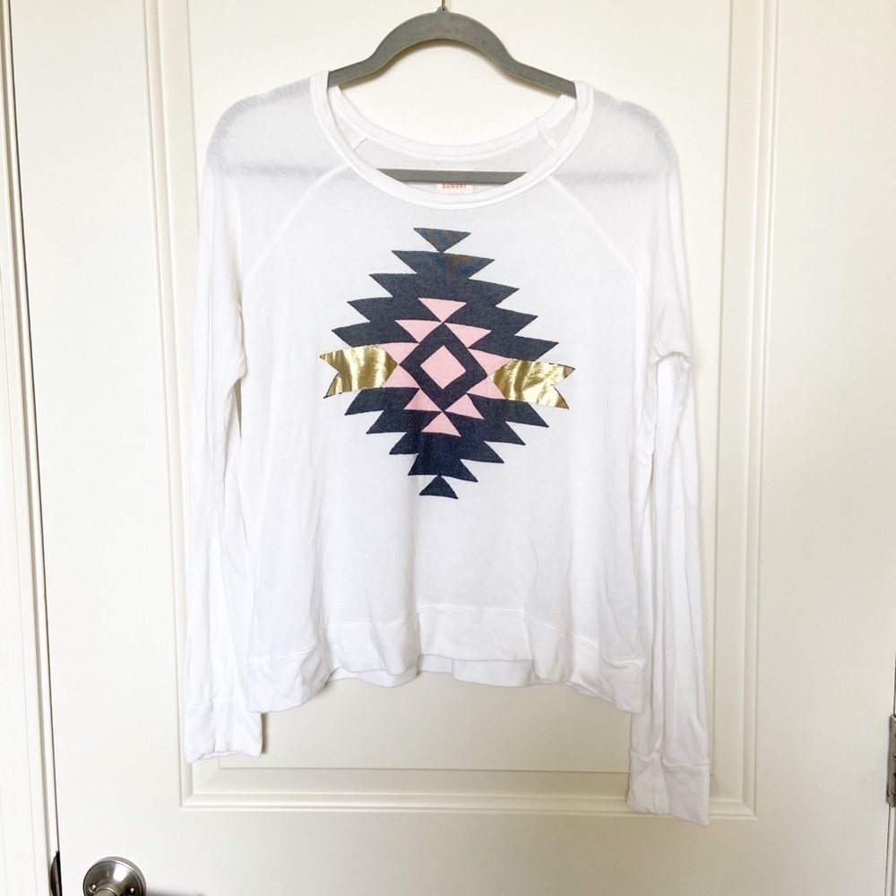 SUNDRY •Aztec Print Pullover White Sweatshirt Sz S